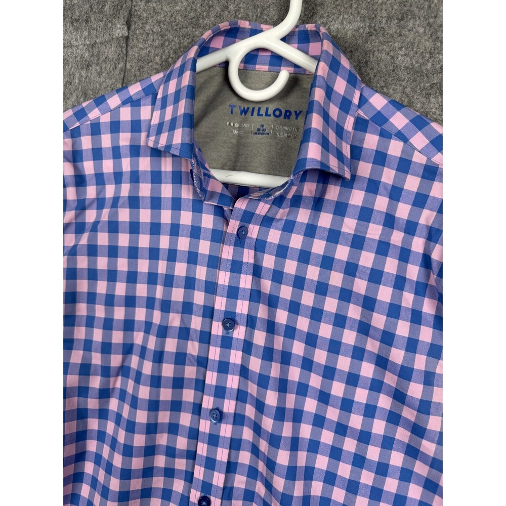Twillory Shirt Men's 15 32-33 Tailored Fit Blue Pink Check Plaid Long Sleeve